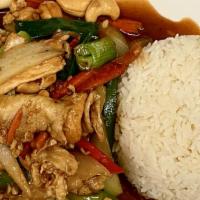 Chicken Cashew Nuts Rice Plate (Lunch) · Sautéed with onions, carrots, and bell pepper.