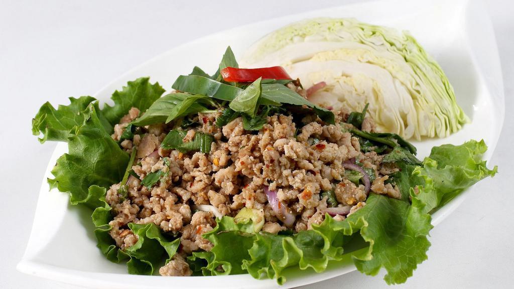 Larb Salad · Choice of minced pork, beef, chicken, or tofu; chili, onions, roasted rice powder in a lime dressing.