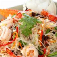 Silver Noodle Salad (Yum Woonsen) · Silver noodle salad with minced pork, shrimp, wood ear mushrooms, onions, chili and lime dre...