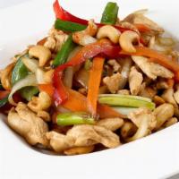 Sauteed Chicken with Cashew Nuts · Onions, dried chili, carrot and bell pepper.