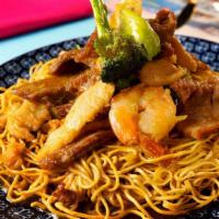 Hong Kong Pan Fried Noodles  · Shrimp, Steak, BBQ Pork