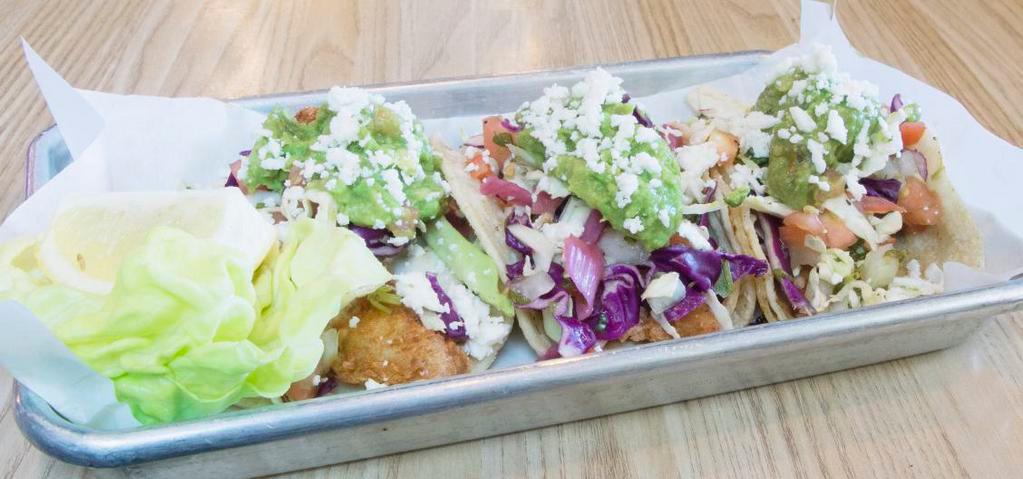 Fish Tacos · Three Breaded Cod Tacos w/ Chipotle Ranch, Pico, Cabbage, Pickled Red Onion, Avo Puree.