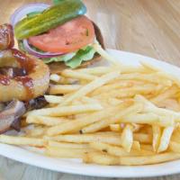 The Stange Burger · Bacon, Pepperjack, Onion Rings, Sweet Baby Rays BBQ.