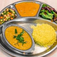 Tarka Daal (Lentil) Thali · Meal includes Rice, Daal Lentil, Chopped Pickled Salad, and Mixed Greens drizzled with Tamar...