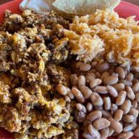 Huevos con Chorizo (Mexican Sausage) · Burrito or plate,  (scramble eggs with Mexican Sausage) served with your choice of rice and ...
