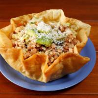Taco Salad with chicken or pork · Your choice of meat, vegetarian beans, lettuce, corn, avocado, salsa fresco, and cheese serv...