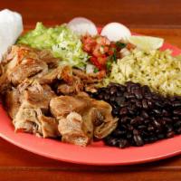 Carnitas Plate · Crispy yet tender pork. Served with lettuce, salsa fresca and guacamole.