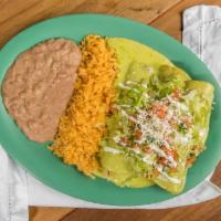 Enchilada Plate - Cheese · Plate. Three hand rolled corn tortillas filled with Monterey jack cheese and topped with you...