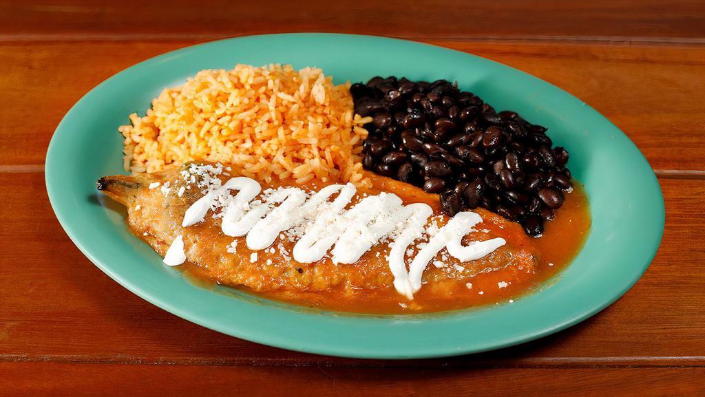 Chile Relleno Plate · Roasted poblano pepper with oaxaca cheese, topped with salsa caliente, sour cream and Mexican cheese.