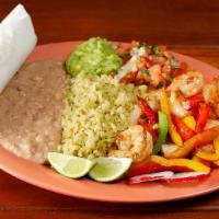 Super Shrimp Fajita Burrito · Grilled shrimp sautéed with bell peppers and onions, your choice of beans, and rice, Montere...
