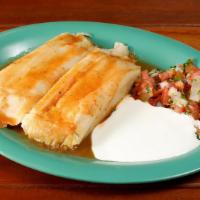 Tamales (2) · Two homemade tamales with your choice of chicken, pork or poblano pepper and cheese, served ...