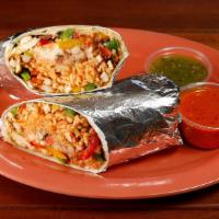 Regular Chicken Fajita Burrito · Chicken sautéed with bell peppers and onions, your choice of rice, and beans, Monterey jack ...