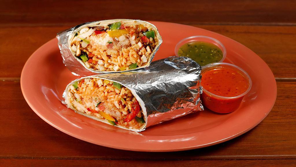 Super Chicken Fajita Burrito · Grilled white meat chicken sautéed with bell peppers and onion, your choice of beans, and rice, monterey jack cheese, salsa fresca, guacamole, and sour cream.