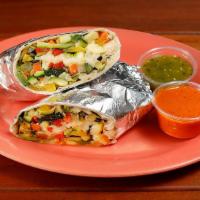 Grilled Veggie Burrito · Grilled zucchini, squash, carrots, spinach, red, and yellow bell peppers, onions with Monter...