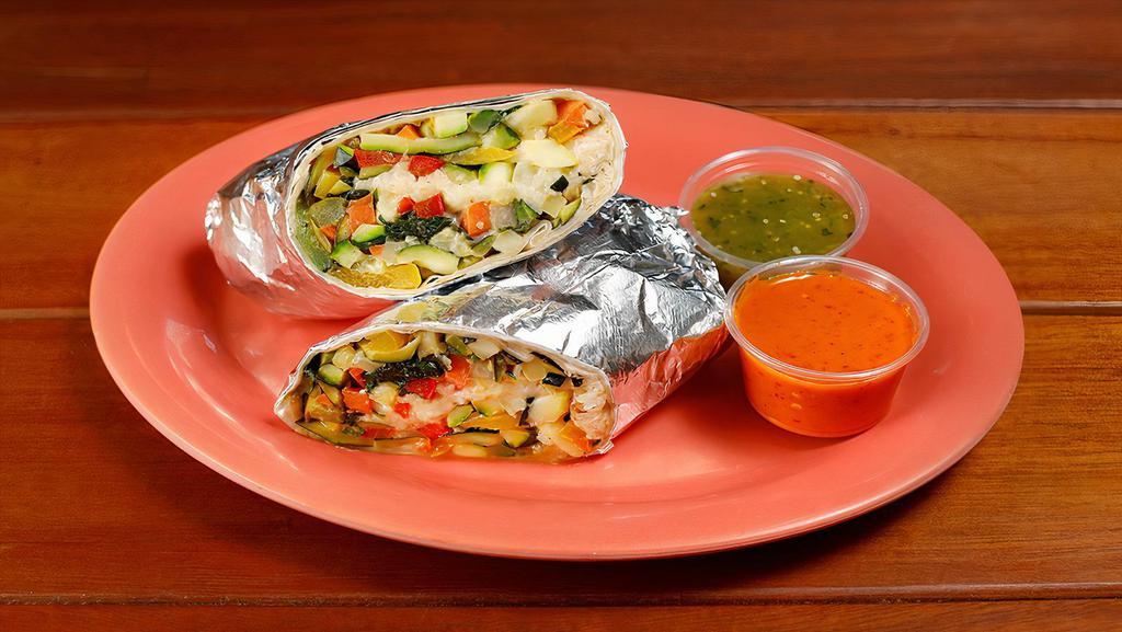 Grilled Veggie Burrito · Grilled zucchini, squash, carrots, spinach, red, and yellow bell peppers, onions with Monterey jack cheese on a whole wheat tortilla.