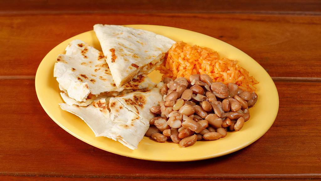 Kids' Cheese & Chicken Quesadilla · Kid's size cheese quesadilla served with chicken. Served with rice and beans.
