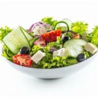 Garden Salad · Fresh garden salad made with greens, cucumber slices, fresh red roma tomatoes, croutons and ...