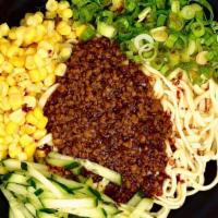 Zha Jiang Mian 秘制炸酱 · Pork meat sauce cooked with sweet soy paste, topped with corn, green onion and cucumber. (Dr...