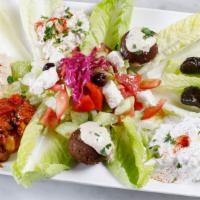 Appetizer Combo Plate · Hummus, Baba Ganoush, Tzatziki, Sauteed Eggplant, Falafel, Dolma, Salad, Pita Bread, Dressings