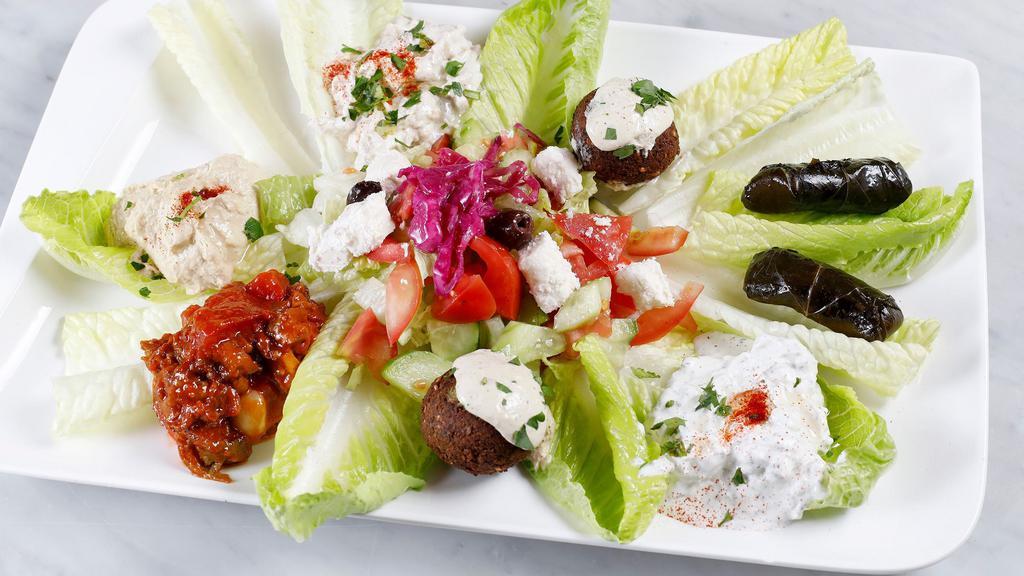 Appetizer Combo Plate · Hummus, Baba Ganoush, Tzatziki, Sauteed Eggplant, Falafel, Dolma, Salad, Pita Bread, Dressings
