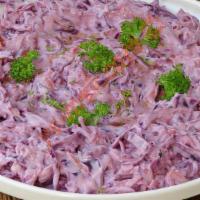 Red Cabbage w Yoghurt SALAD · Garlic yoghurt, mayonnaise, boiled corn and pickled cucumbers are added to the red cabbage c...