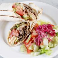 Lamb & Beef Gyro Wrap · Daily cut and cooked lamb and beef meat gyro, tomatoes, cucumber, romaine hearts, tzatziki s...