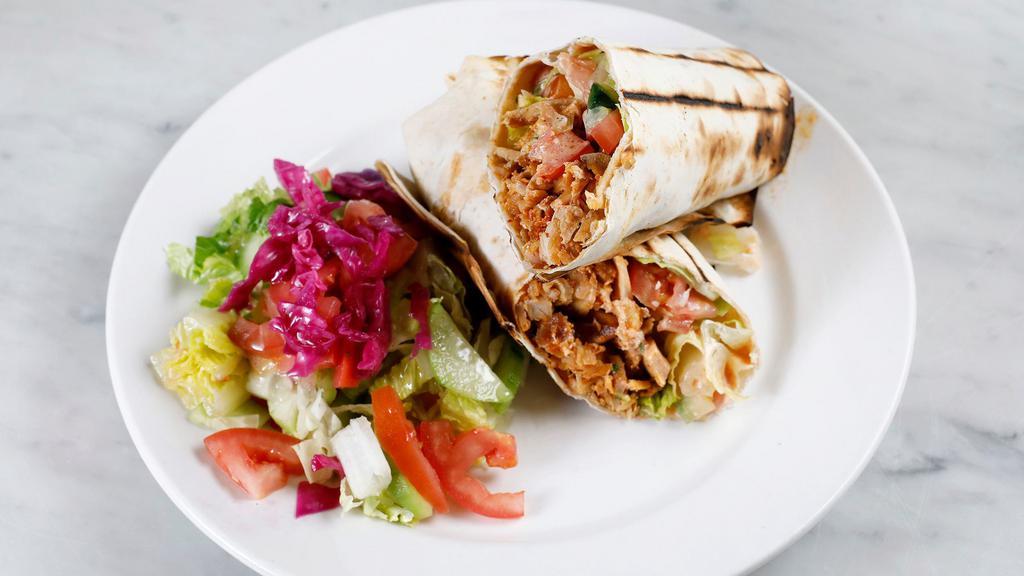 Chicken Gyro Wrap · Daily cut and cooked chicken meat gyro, tomatoes, cucumber, romaine hearts, tzatziki sauce wrapped in lavash bread and optional side of hot sauce(1.5oz