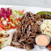 Lamb & Beef Gyros Plate · Daily cut and cooked lamb and beef meat gyro, rice, hummus and salad(tomatoes, cucumber, rom...