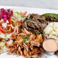 Combo Gyros Plate · Daily cut and cooked lamb and beef meat and chicken meat gyro, rice, hummus and salad(tomato...