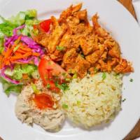 Chicken  Gyros Plate · Daily cut and cooked chicken meat gyro, rice, hummus and salad(tomatoes, cucumber, romaine h...