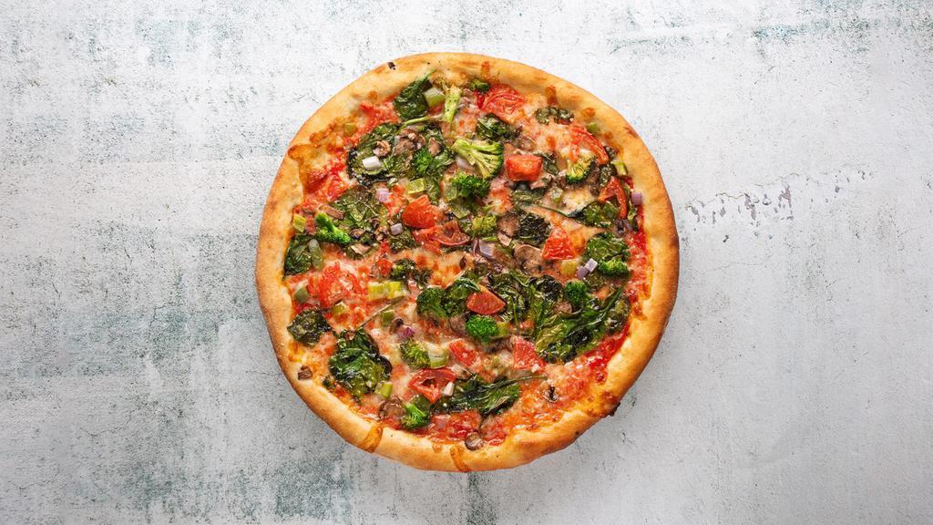 Veggie Pizza · Pizza sauce, cheese blend, broccoli, spinach, tomato, onion, bell pepper.