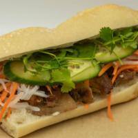 Lemongrass Chicken Sandwich · Comes with pickles carrots and daikon, cucumber, garlic aioli, jalapeno optional.