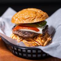 Gochu Burger · Juicy angus burger served on a bed of spicy asian garlic aioli with provolone cheese, cilant...