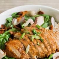 Chicken and Baby Spinach · Fresh baby spinach, grilled chicken breast, red onions, tomatoes, cucumbers, walnuts, apple ...