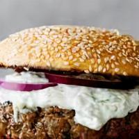 Lamb Burger · Organic ground lamb and Feta cheese with cumin and fennel seeds. Topped with balsamic red on...