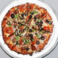 Skyline Supreme · Classic red sauce, salami, pepperoni, mushrooms, olives, bell peppers, onions, sausage, and ...