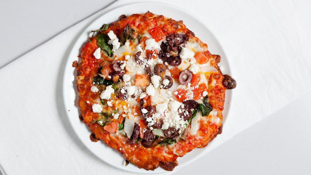 Mediterranean Supreme · Classic red sauce, spinach, feta cheese, kalamata olives, tomatoes, and onions.