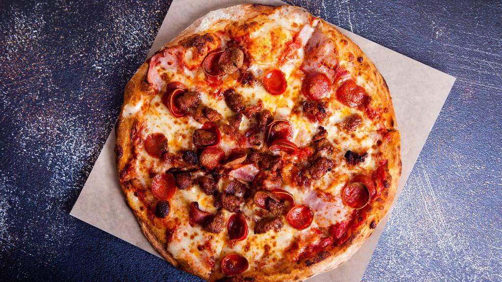 The All Meat Pizza · Thin and crispy crust made with our daily made, fresh pizza dough. Topped with mounds of stretchy mozzarella cheese and a crazy good combo of crisped beef pepperoni, Italian sausage, tender grilled chicken and thinly sliced, seasoned gyro meat. Baked until bubbling and brown.