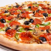 The Combo Pizza · Thin and crispy crust made with our daily made, fresh pizza dough. Topped with mounds of str...