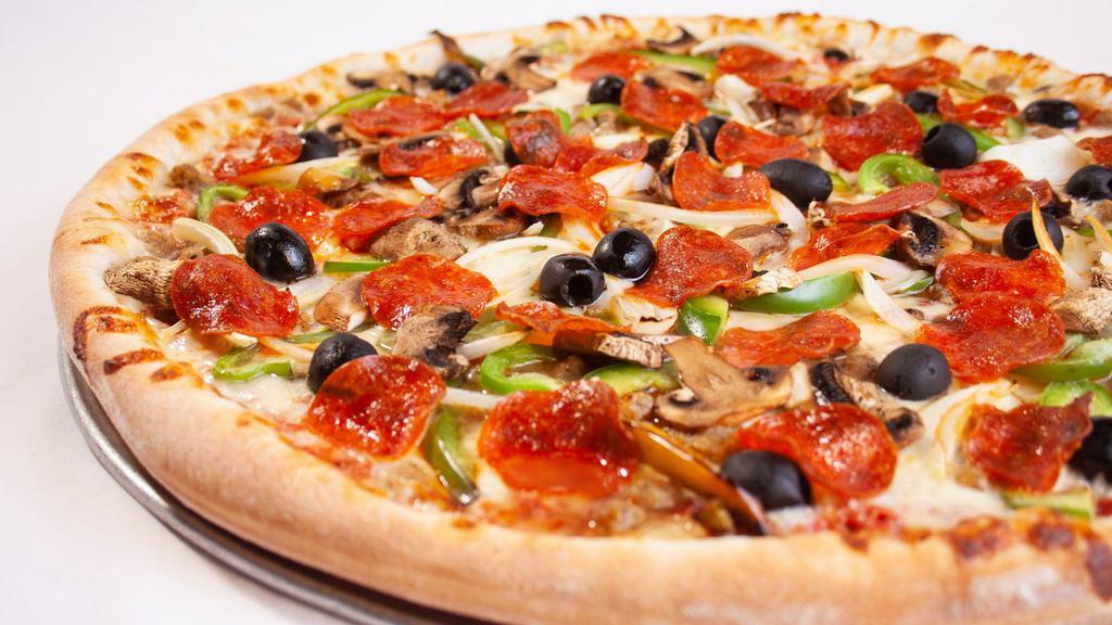 The Combo Pizza · Thin and crispy crust made with our daily made, fresh pizza dough. Topped with mounds of stretchy mozzarella cheese, crisped beef pepperoni, Italian sausage, fresh mushrooms, peppers and onions. Baked until bubbling and brown.