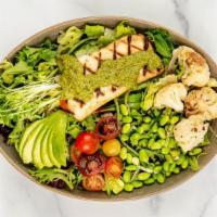 Asian Chimichurri Salad | Sea Bass · grilled sea bass, roasted cauliflower, avocado, cucumber, tomato, edamame, daikon sprouts, A...