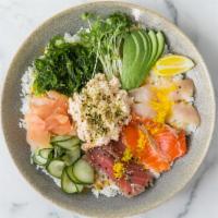 Rainbow Sushi | Sashimi + Crab · regular size, sashimi slices (2 each) of yellowtail, salmon and sesame-seared ahi, crab sala...