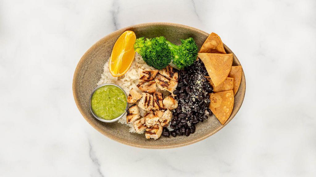 Kids Mexican Grill Bowl · pick protein and rice, served with black beans, cotija cheese, tortilla chips, tomatillo salsa, broccoli, orange slice