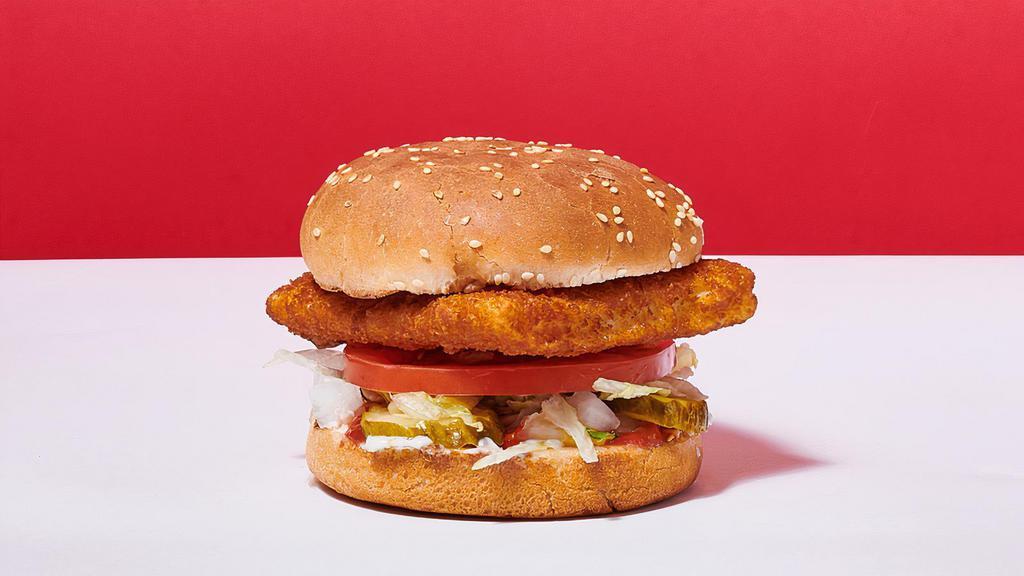 Fish Burger · Cod fish. Lettuce, Tomatoes, Mayo, Mustard, Ketchup, Pickles and Diced Onions.