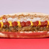 Hot Dog · Beef frankfurter served with Mustard, Ketchup, Relish and Onions.