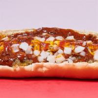 Chili Cheese Dog · Chili comes with beans and meat. Diced onions are optional. American cheese.