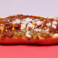 Double Chili Cheese Dog · 2 Beef frankfurters on one bun. Chili comes with beans and meat. Diced onions are optional. ...