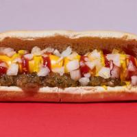 Cheese Dog · Beef frankfurter served with Mustard, Ketchup, Relish, Diced onions and American cheese.