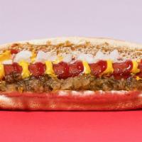 Double Dog · 2 Beef frankfurters on one bun served with Mustard, Ketchup, Relish and Diced Onions.