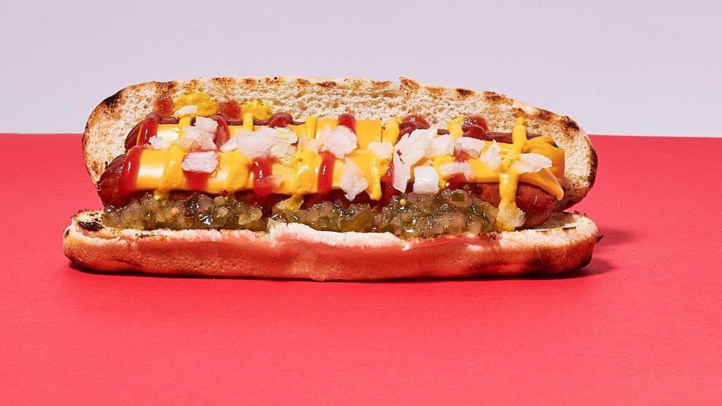 Double Cheese Dog · 2 Beef frankfurters on one bun served with American cheese, Mustard, Ketchup, Relish and Diced Onions.